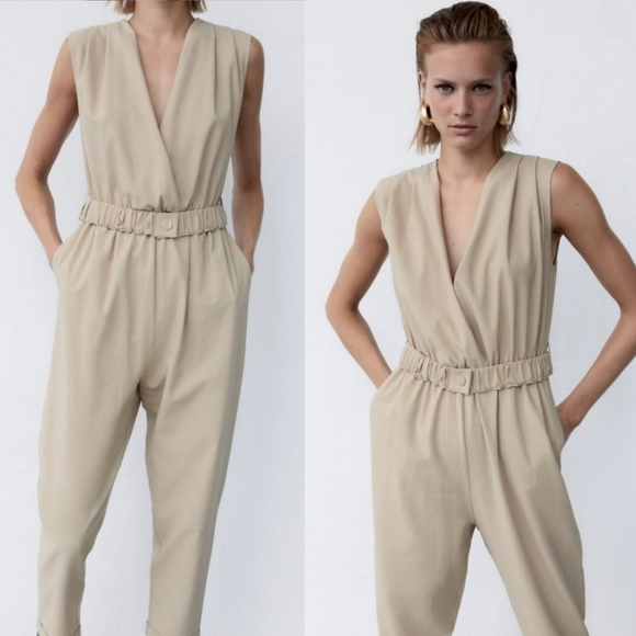 New Zara Textured Linen Blend V-Neck Sleeveless Belted Tan Jumpsuit NWT Size M - Picture 1 of 16
